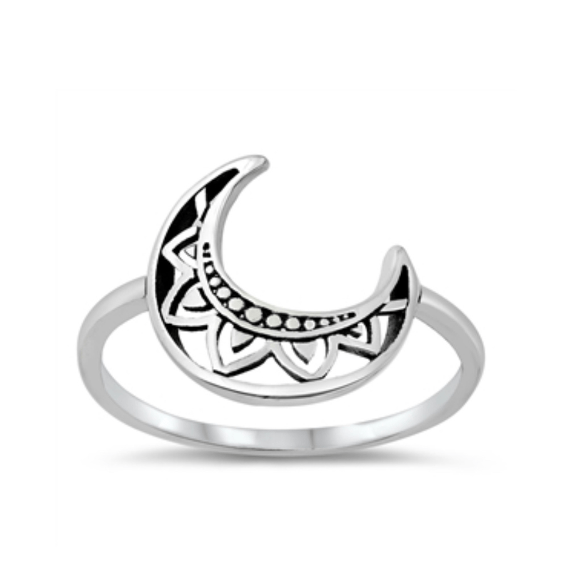 Thrifty Goddess Sterling Silver Mandala Cresent Moon Ring