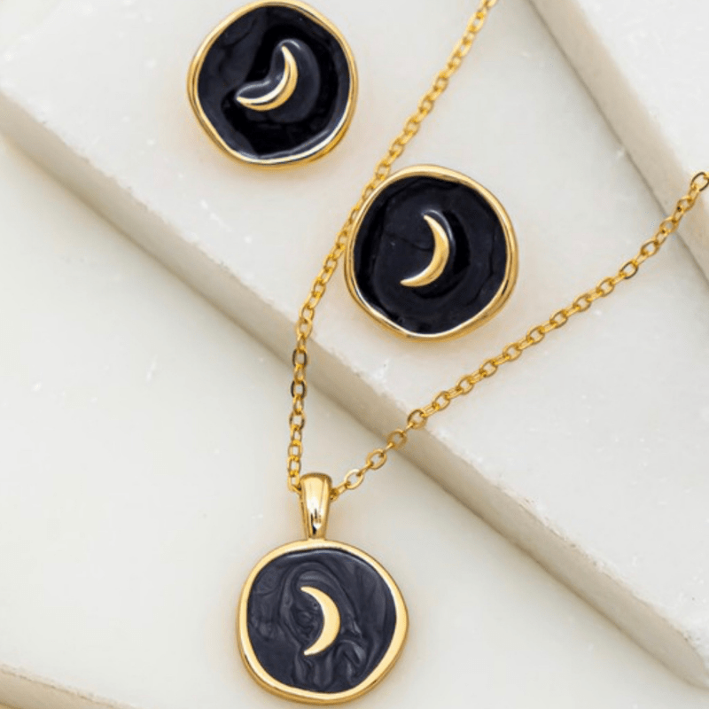 ThriftyGoddess Crescent Moon and Star Enamel Necklace and Earrings Sets