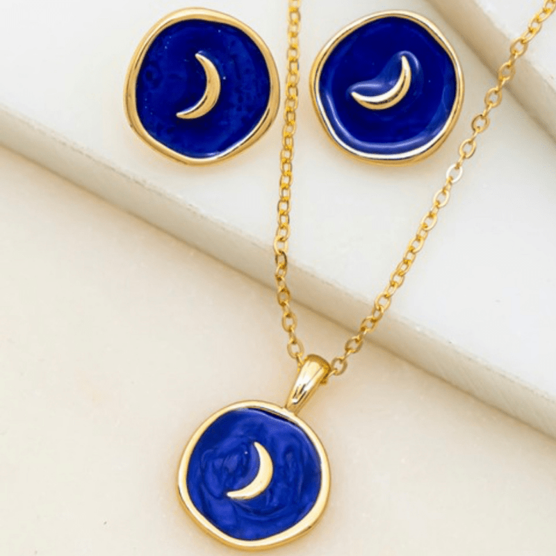 ThriftyGoddess Crescent Moon and Star Enamel Necklace and Earrings Sets