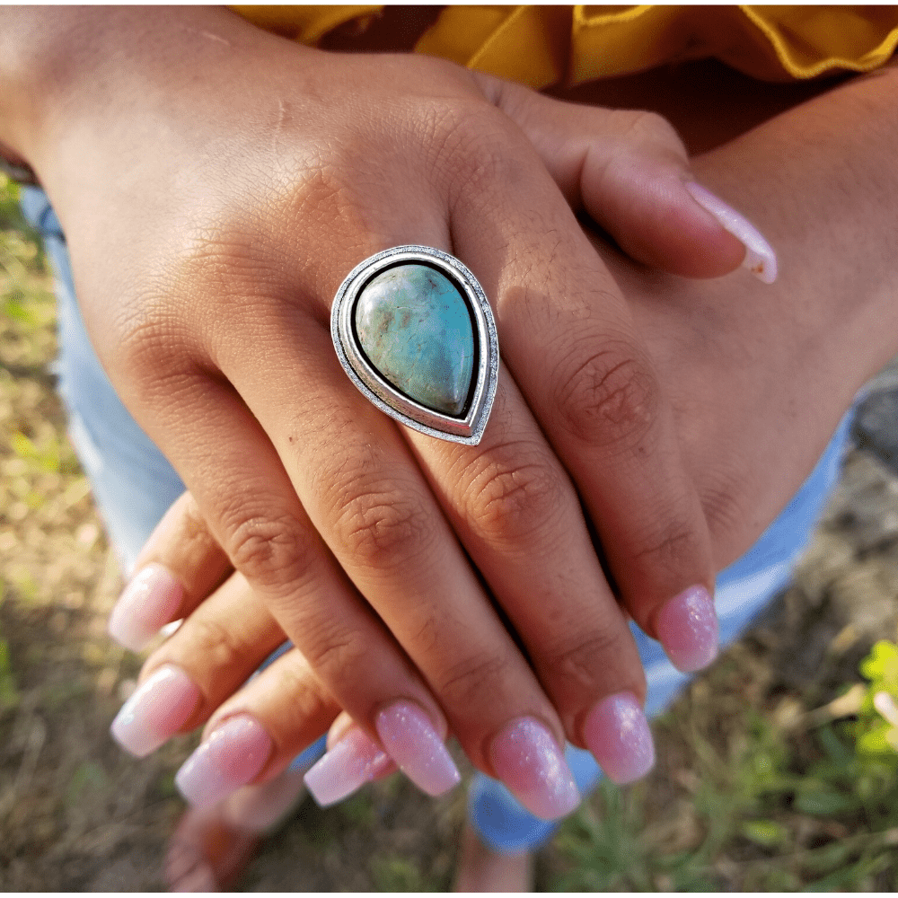 ThriftyGoddess Natural Turquoise Teardrop Adjustable Ring