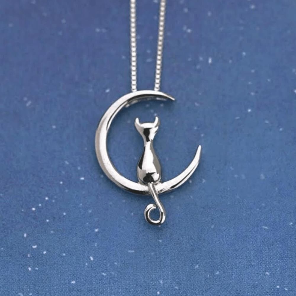 ThriftyGoddess Sterling Silver Kitty On The Moon Necklace